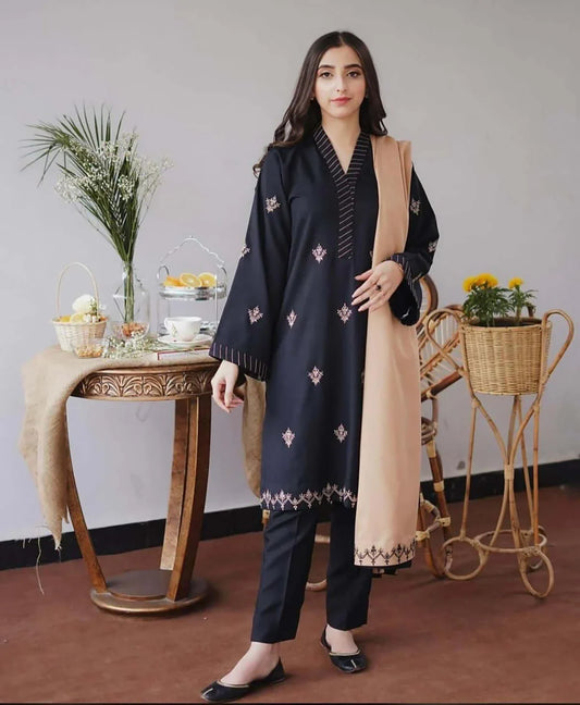 3 Piece Unstitched Heavy Embroidered Dhanak Suit ( Embroidered Dhanak Shawl )