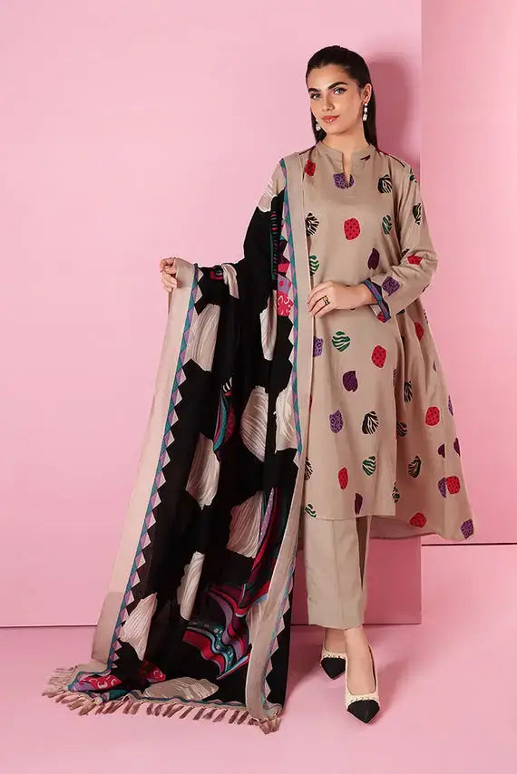 3 Piece Unstitched Embroidered Dhanak Suit ( Woolen Printed Dupatta )
