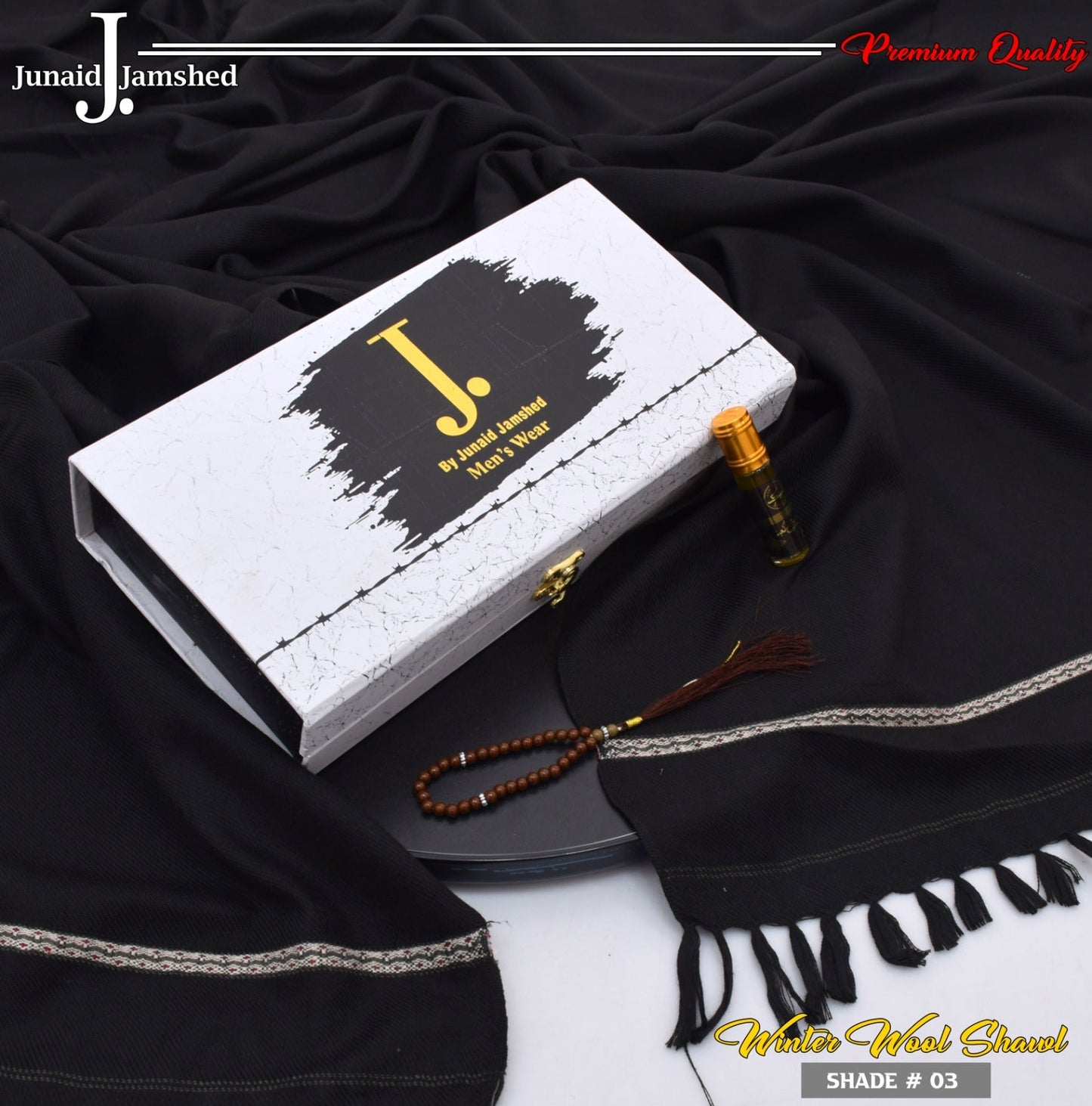 J. PREMIUM WOOL SHAWL FOR MEN WITH LUXURY BOX & BAG +GIFT TASBEH & ATAR ( BLACK )