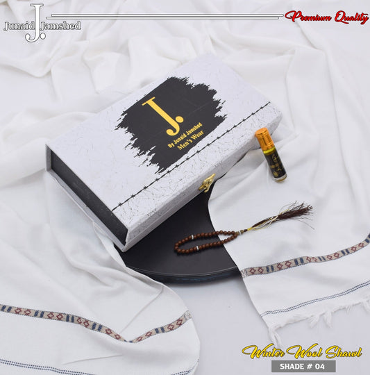 J. PREMIUM WOOL SHAWL FOR MEN WITH LUXURY BOX & BAG +GIFT TASBEH & ATAR ( pearl white )