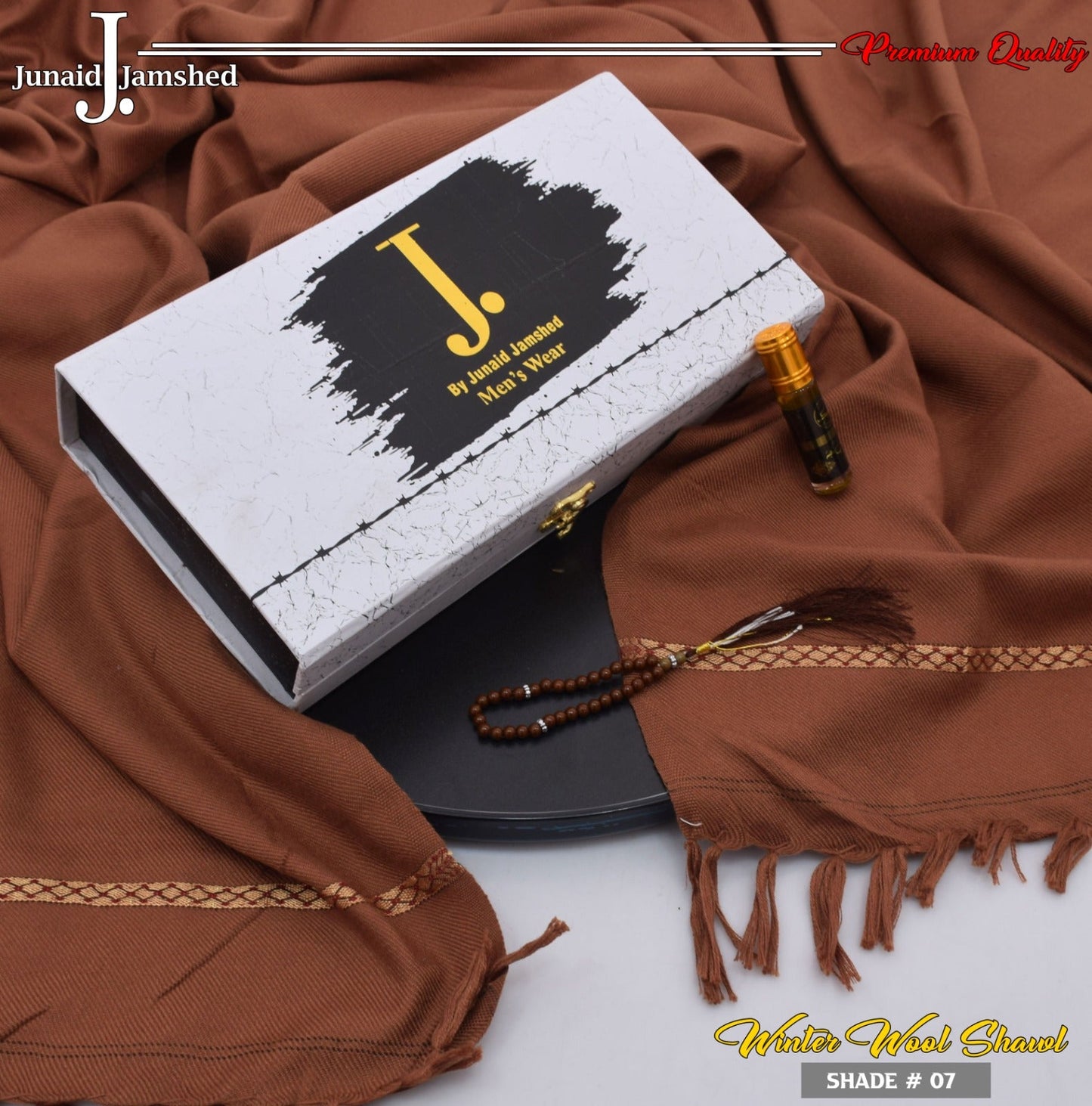 J. PREMIUM WOOL SHAWL FOR MEN WITH LUXURY BOX & BAG +GIFT TASBEH & ATAR ( copper )