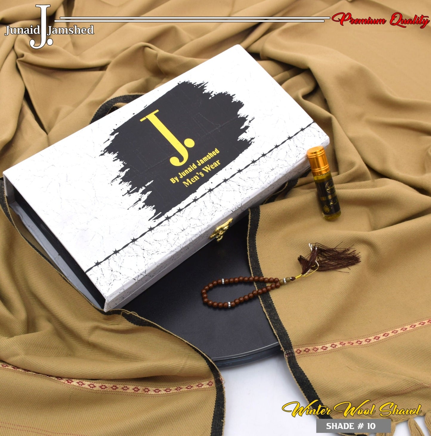 J. PREMIUM WOOL SHAWL FOR MEN WITH LUXURY BOX & BAG +GIFT TASBEH & ATAR ( Skin )