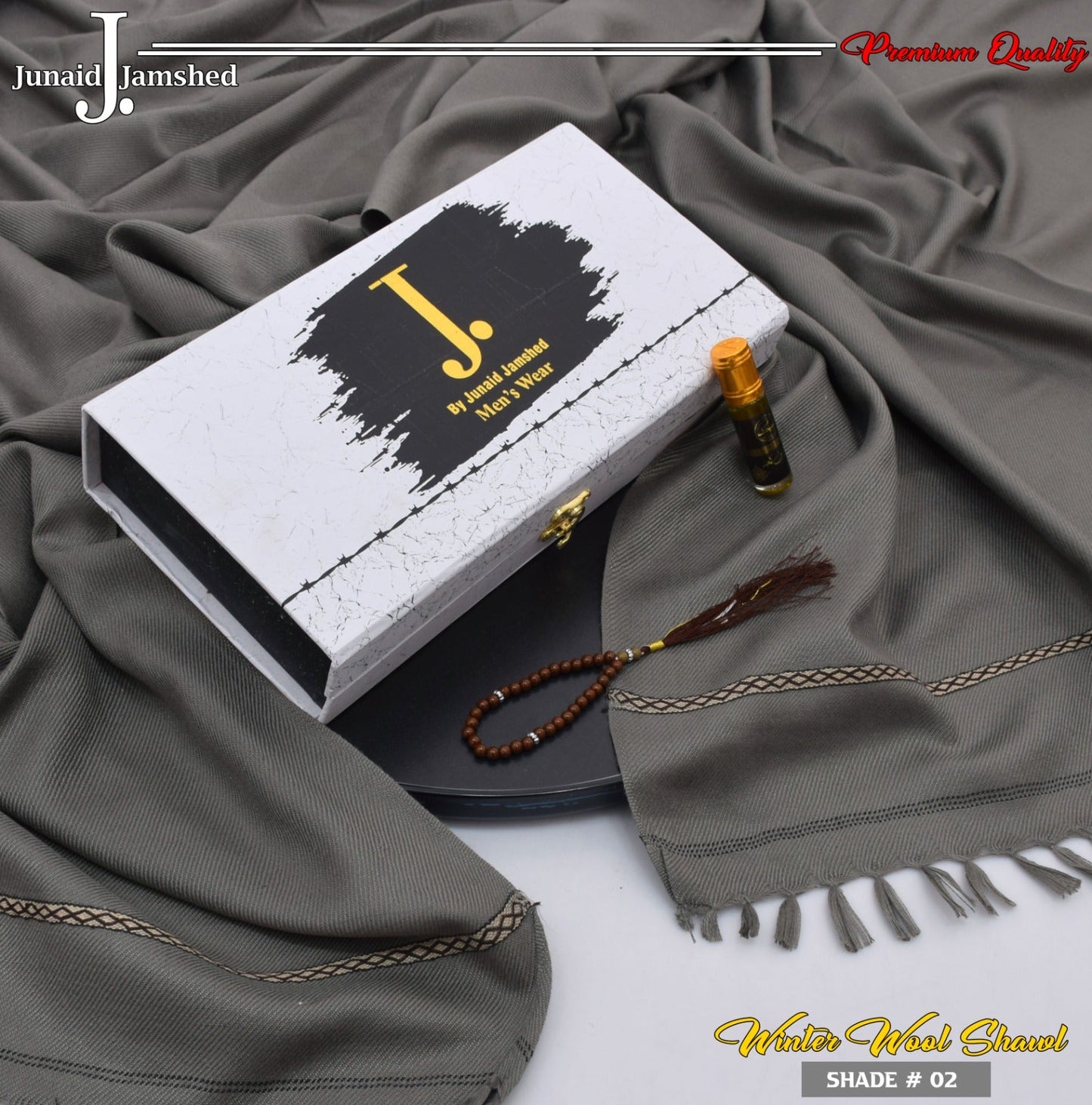 J. PREMIUM WOOL SHAWL FOR MEN WITH LUXURY BOX & BAG +GIFT TASBEH & ATAR ( steel grey )