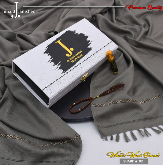 J. PREMIUM WOOL SHAWL FOR MEN WITH LUXURY BOX & BAG +GIFT TASBEH & ATAR ( steel grey )